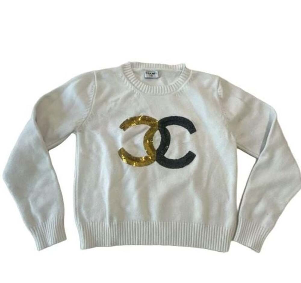 Chanel White Cashmere Sequin CC Logo Knit Sweater Youth S kids size 6-8
